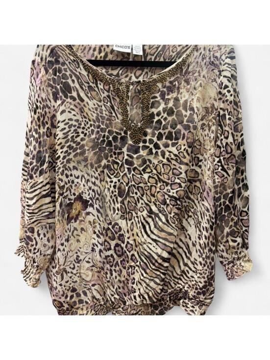 Chico's Tops - Chico's 100% Silk Animal Print Blouse Top with Beaded Neckline.